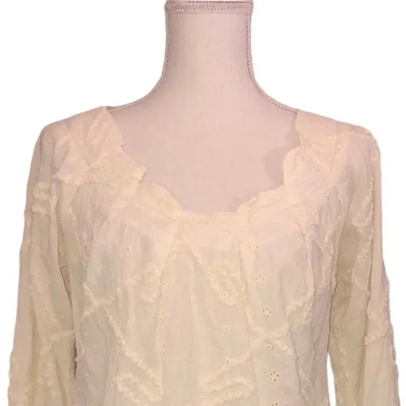 Chelsea & VIOLET Sz S Women's Cream Eyelet 3/4 Sleeve Drawstring Blouse Top - Picture 4 of 7
